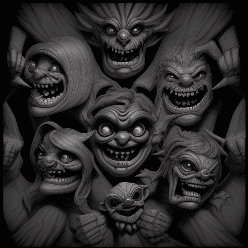 AI generated: 
Smiling Dark Puppet Fighting Monsters, A Dark Fantasy in Escher's Style