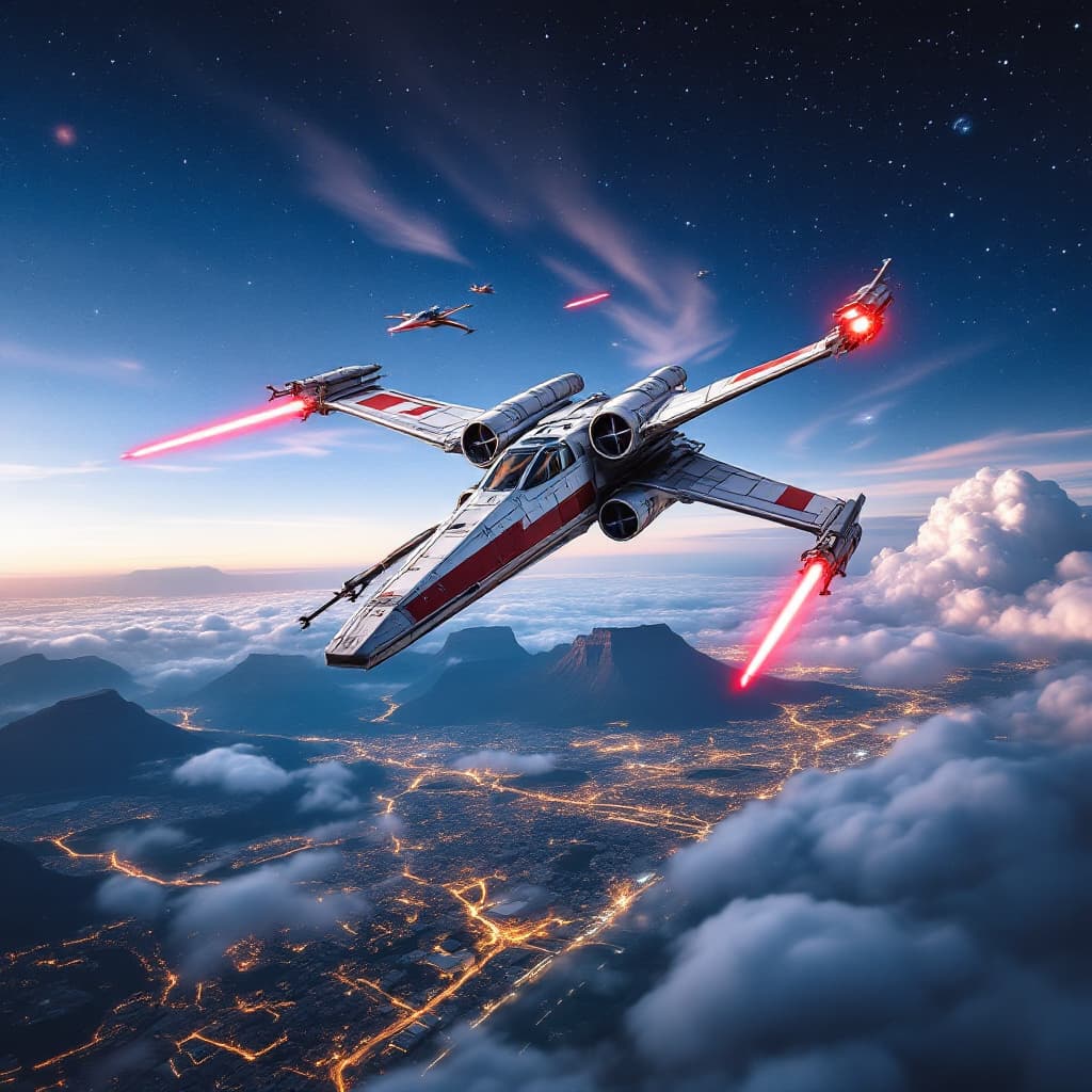 AI generated: Create star wars X wing fighter flying over Cape Town city in south africa