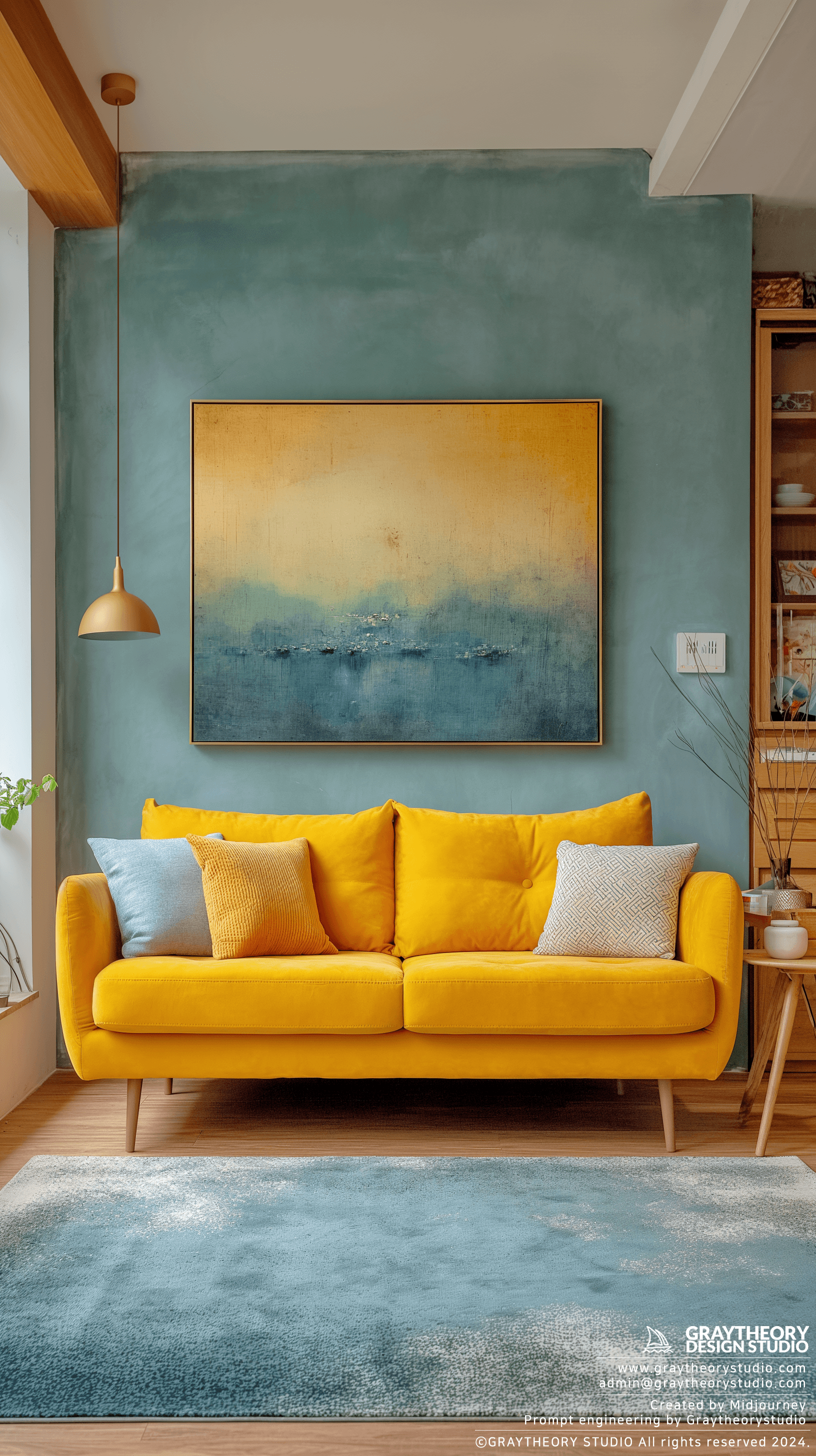 AI generated: Photograph, living room, integration of oak flooring and rug features, abstract art canvas, creating...