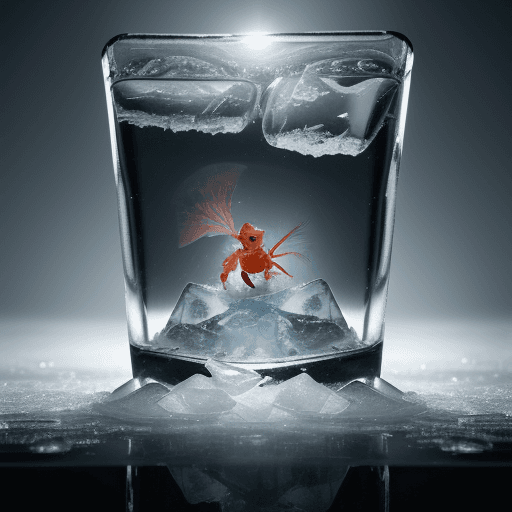 AI generated: Epic hyperrealistic photo of a dwarf shrimp inside a frozen ice cube, macro, fine details, film noir...
