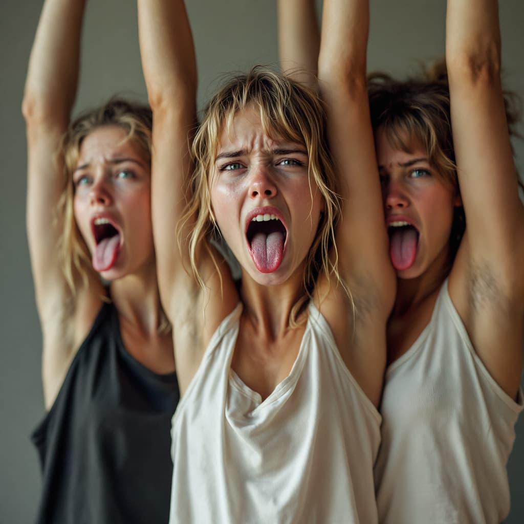 AI generated: three young swedish girls doing yoga 
,arms ups ,in confused expression,pulling tongue out,tongue dr...
