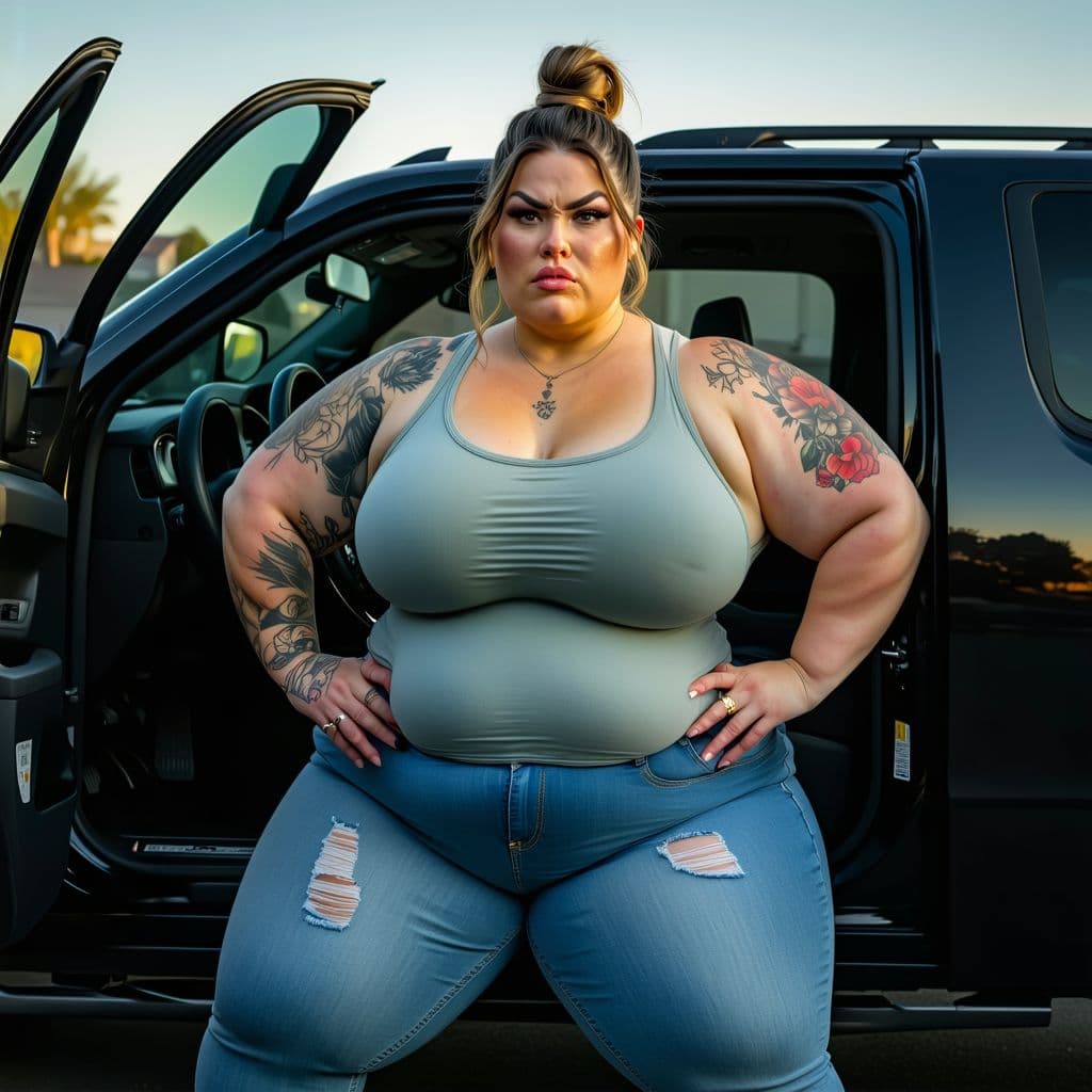 AI generated:  full body , very very very big muscle chubby  woman, indian woman ,very tall, , big traps and shoul...