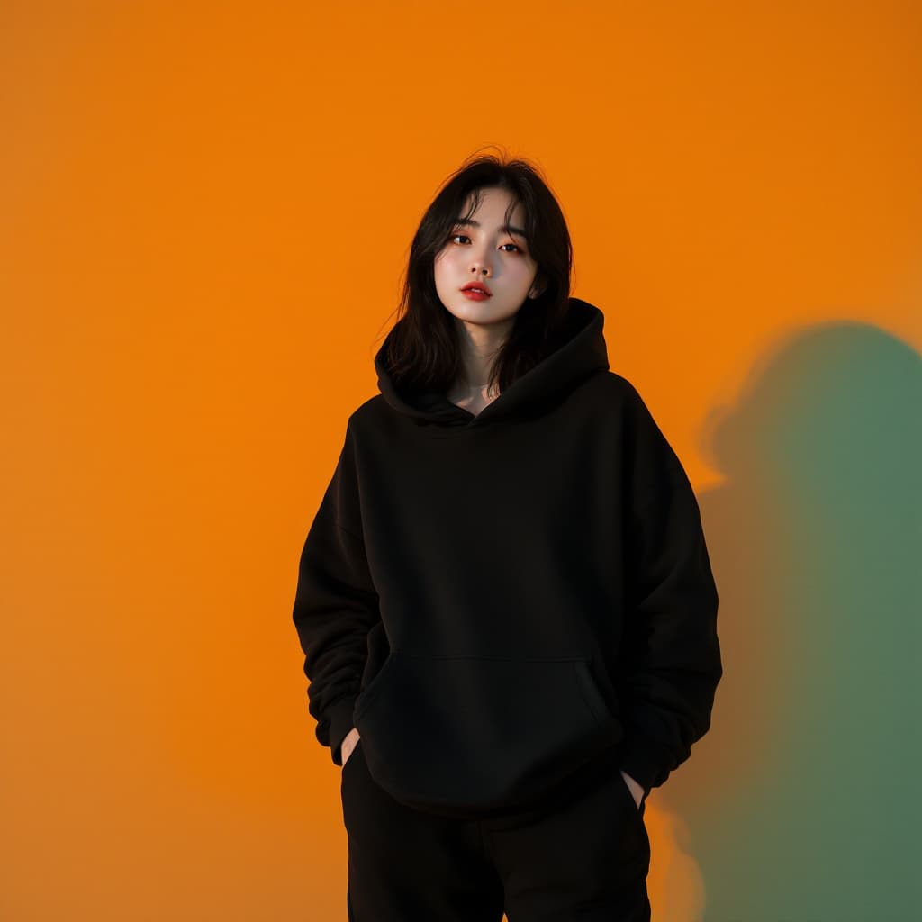 AI generated: photography, orange hue, korean woman model, wearing black blank hoodie and black sweat pants, solid...