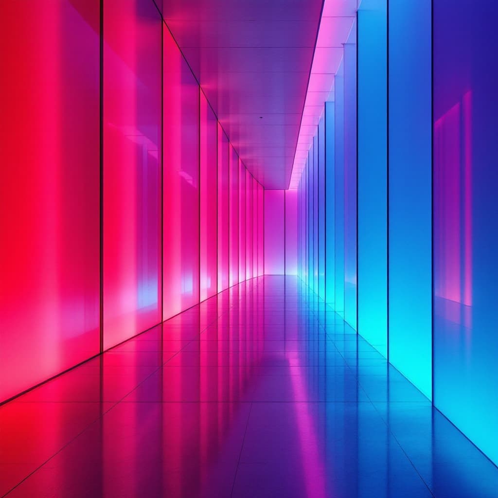 AI generated: architectural photography, perspective, interior, vertical light panels transition from red to acid ...