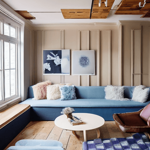 AI generated: high resolution photography interior design, dreamy sunken living room conversation pit, wooden floo...