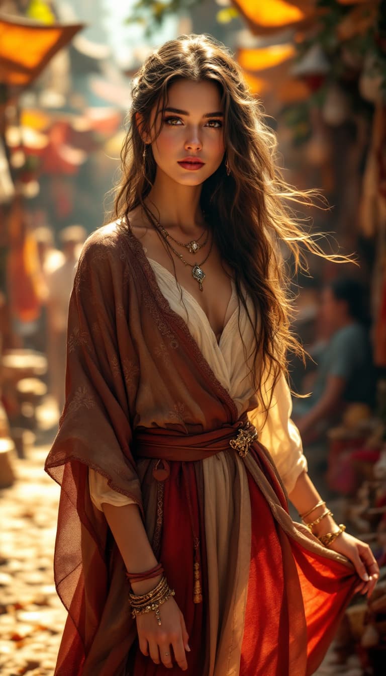 AI generated: Full body view of A mysterious beautiful girl standing in a crowded medieval marketplace, detailed a...