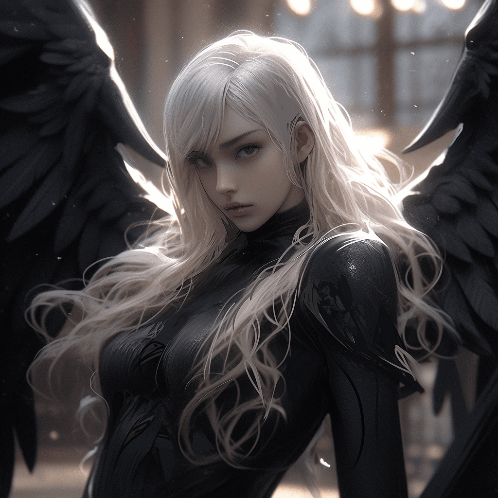 AI generated: Female, angel wings, tight latex suit, blond hair, dusk, Krysten Ritter goth black bangs dark makeup...
