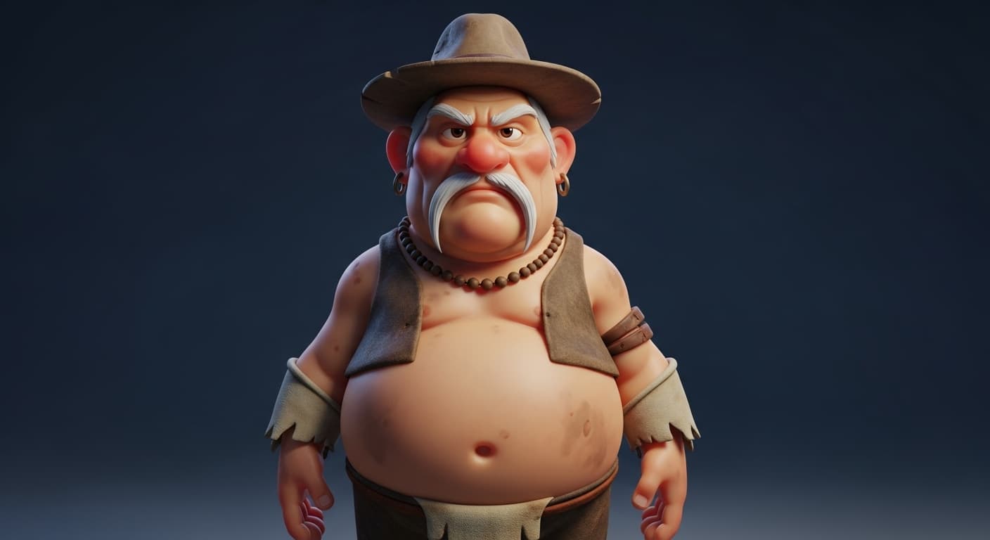 AI generated: A fat, pot-bellied older man, a 3D cartoon type, with a serious expression. He has pronounced indige...