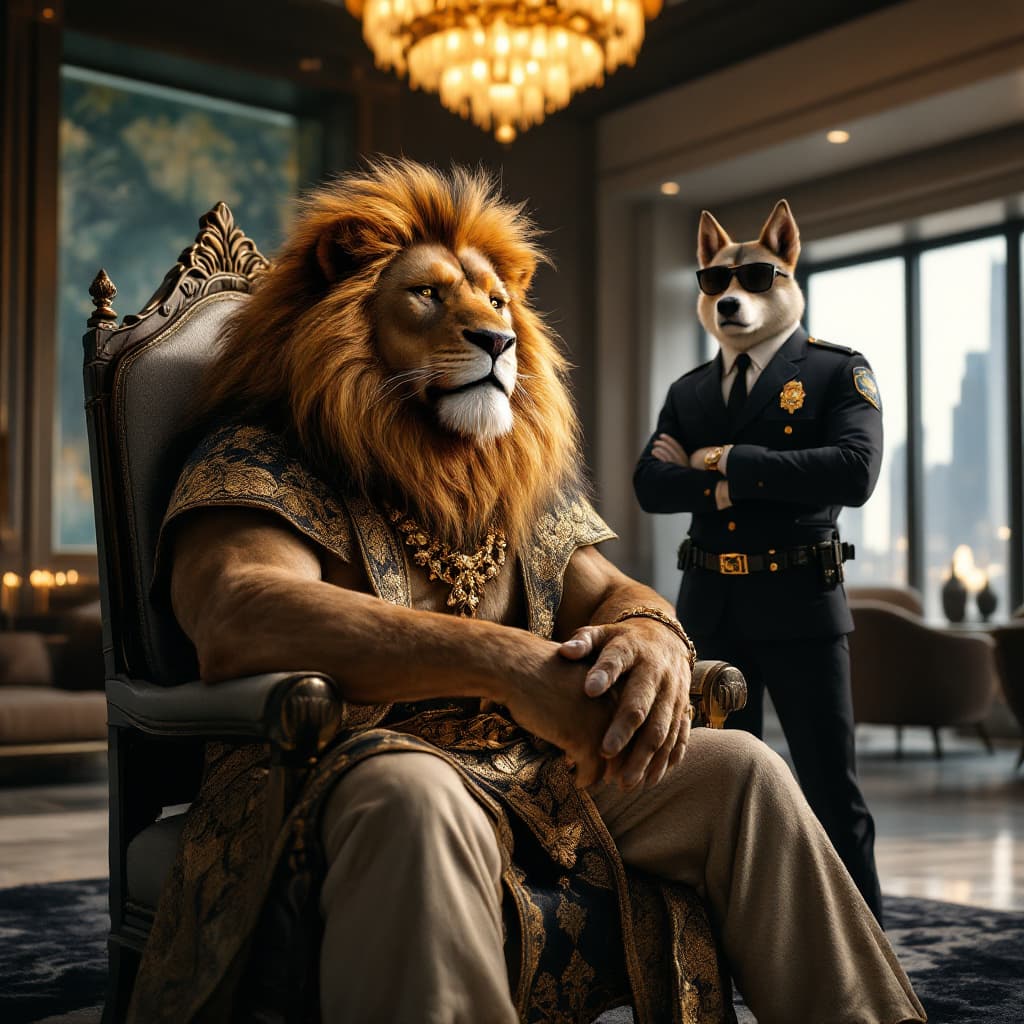 AI generated: "A majestic anthropomorphic lion character sitting confidently on a throne, designed with highly det...