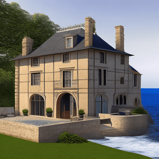 AI generated: Hyper realistic eye level exterior photo of a 16th century style house overlooking the ocean, daylig...
