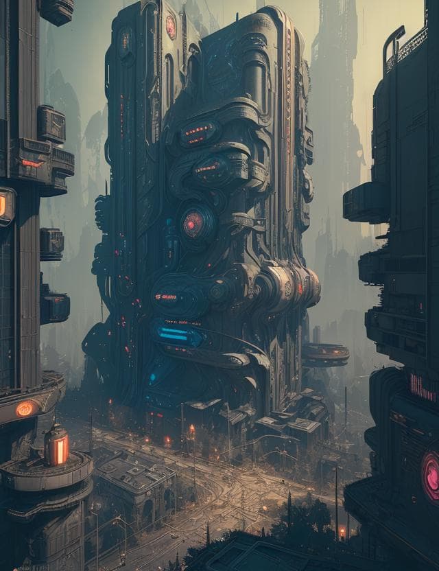 AI generated: Scenery, Art Nouveau, Retro Cyberpunk, Overwhelming, Displacement Mapping, id Tech engine, Melanchol...