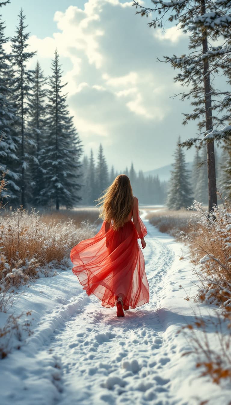 AI generated: Peaceful Nordic winter. A winter path in a lush, deep forest. Soft light transforms the landscape in...