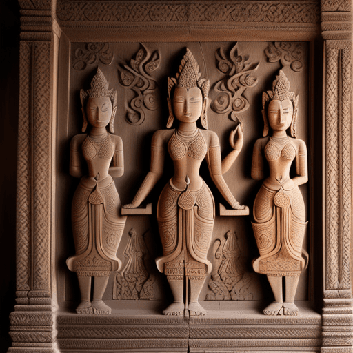 AI generated: The image shows a wooden carving on the wall of a temple in Angkor Thom, Cambodia. The carving is in...