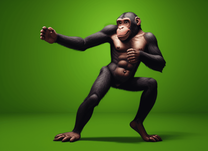 AI generated: Image of a dancing ape full body on a green background

