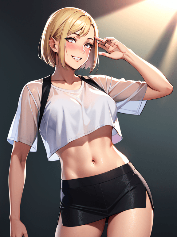 AI generated:  realistic,portrait, 1girl, crop top, blonde hair, dark eyes, glowing eyes,skirt, parted lips, blush...