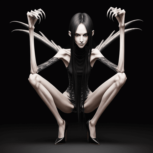 AI generated: very skinny slender girl, with long curved claws, with skinny legs and long skinny calves in high he...