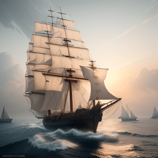 AI generated: Photo of a ultra realistic sailing ship, pale sunrise, cinematic lighting, battered, low angle, tren...