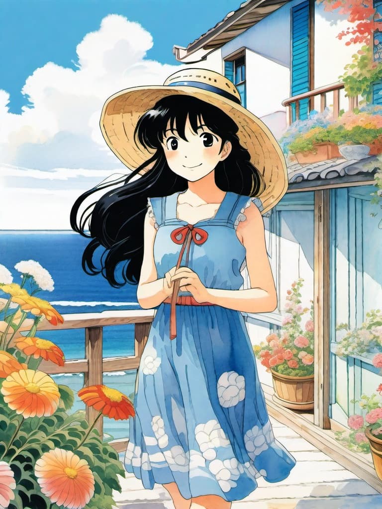 AI generated: An anime girl in a blue dress and straw hat, with long black hair and flowing curly bangs, in the st...