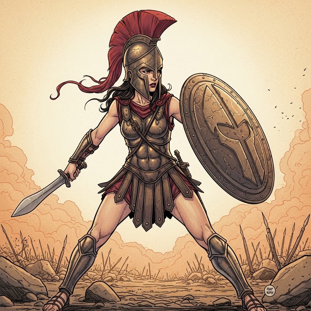 AI generated: Comic book realistic illustration, full body shot of a young gorgeous Spartan woman with thick aesth...