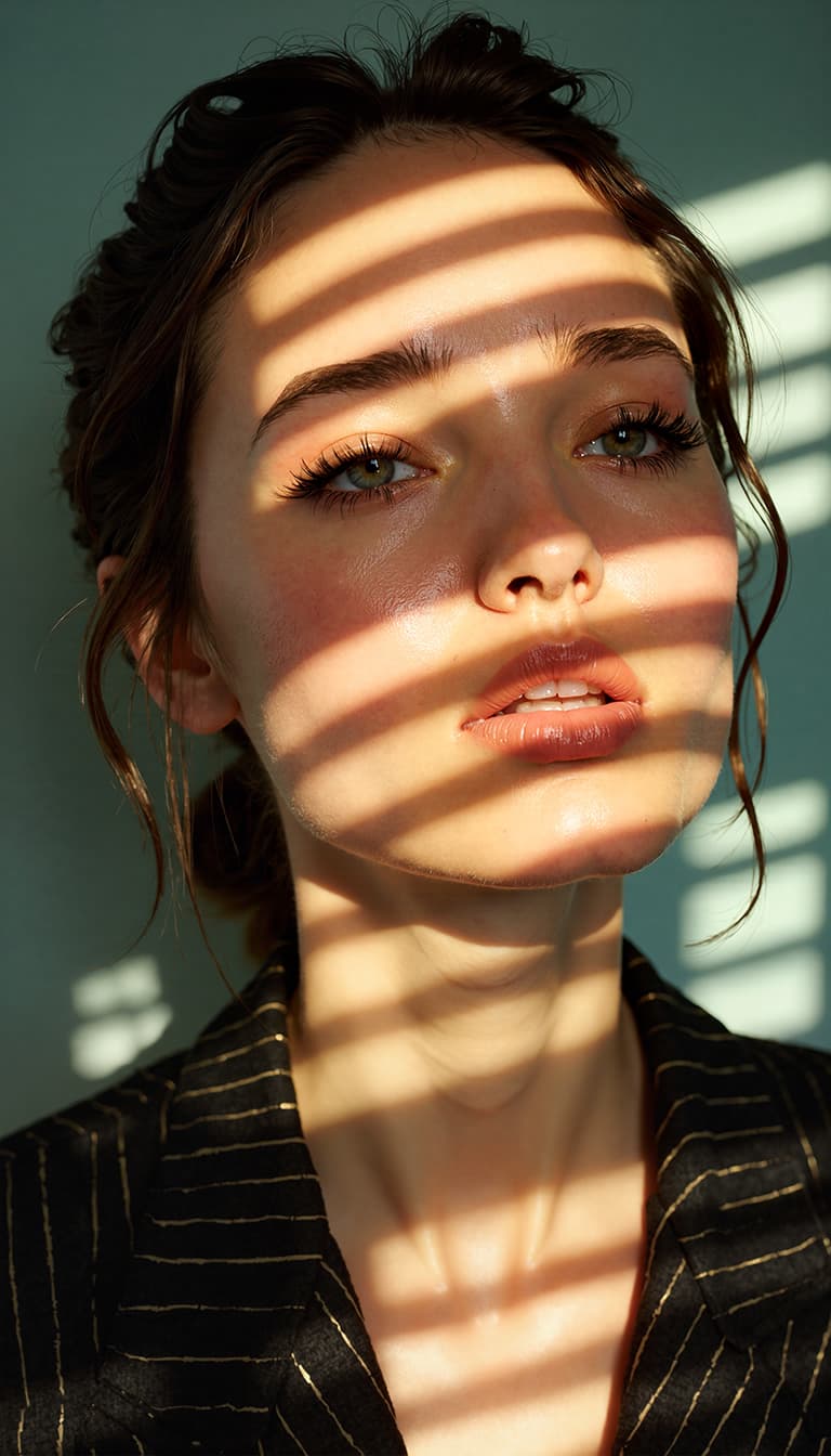 AI generated: Close-up portrait of a woman illuminated by soft, warm afternoon light streaming through window blin...
