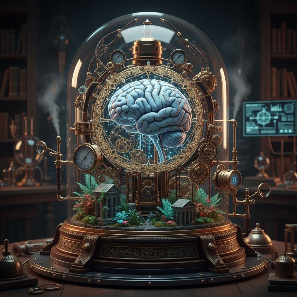 AI generated: 3D render of a sci-fi baroque concept design of anatomically correct brain device with terrarium, st...
