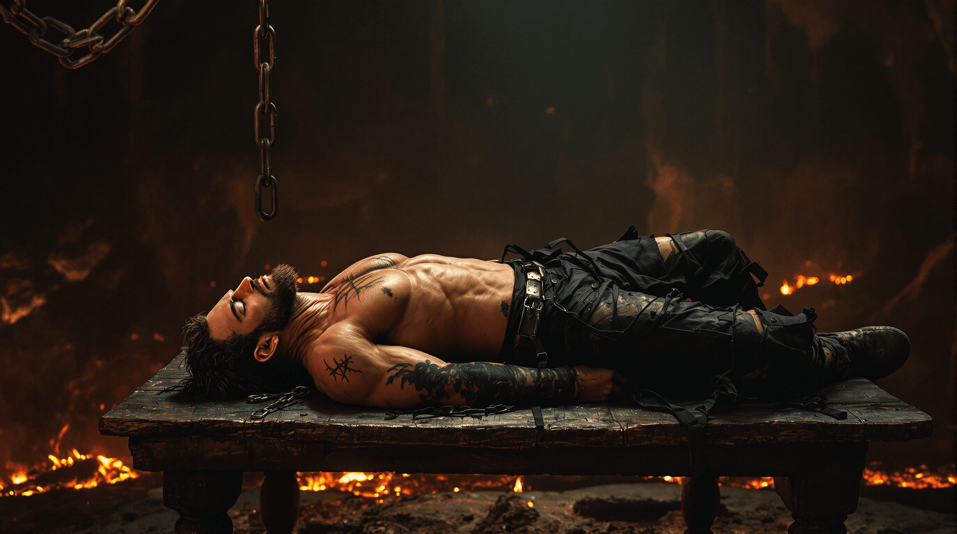 AI generated: a male worrior (bodybuilder) in fealthy and tattered black pants, sleeps on his back on a wooden tab...