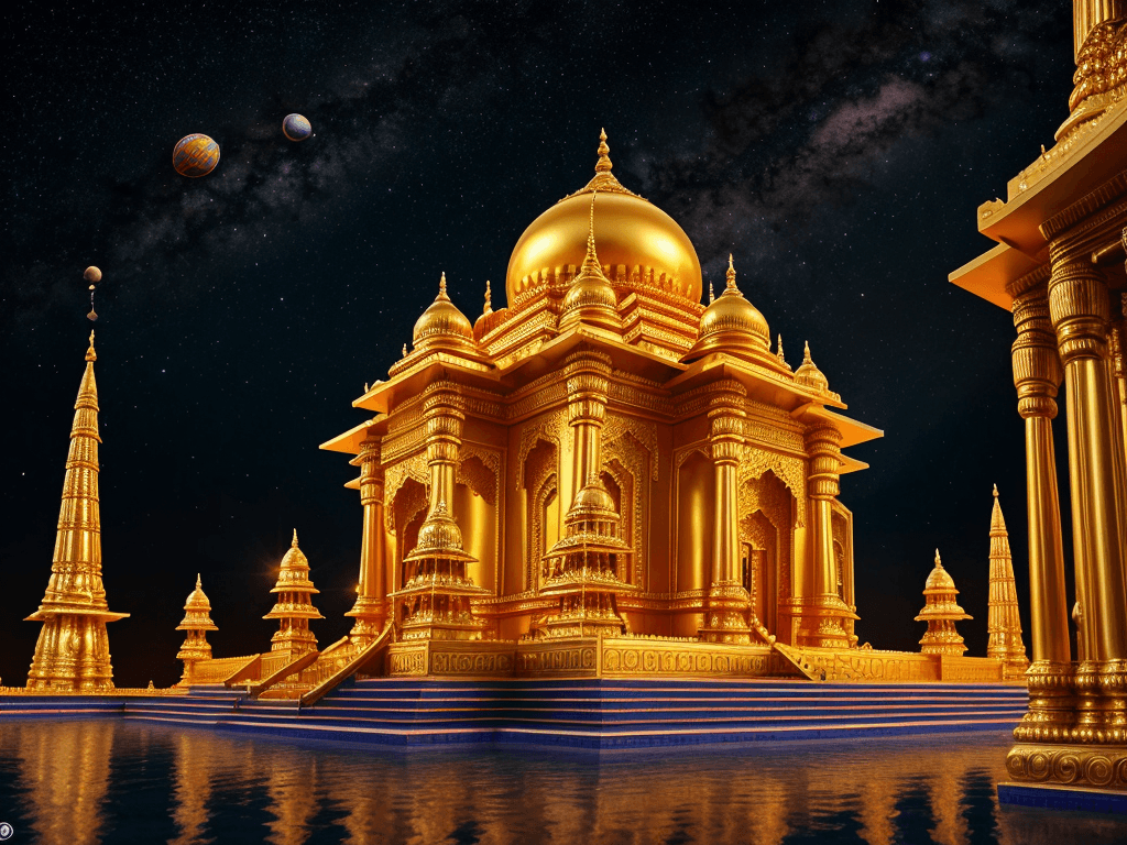 AI generated: hyper realistic photo of a grand Indian temple in outer space made from exotic material, dedicated t...