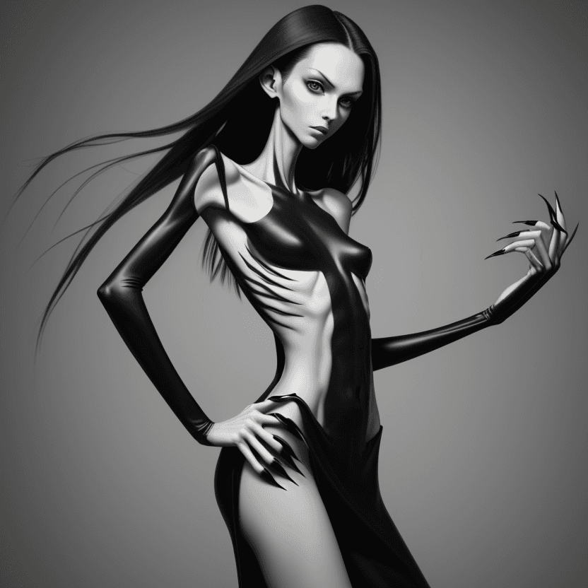 AI generated: photo of face an extremely skinny, flat-chested model with long black curved fingernails, claws, ver...