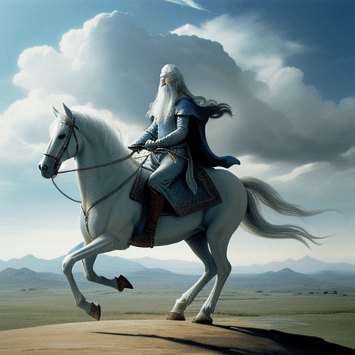 AI generated: Gandalf riding Shadowfax across an expansive plain toward Minas Tirith, lightrays in the sky, epic, ...