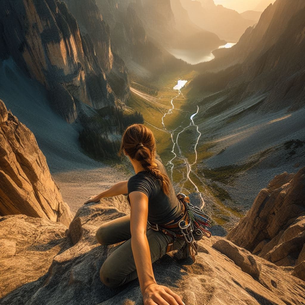 AI generated: top down photo of Lara Croft scaling a mountain rock face freeclimbing over a beautiful valley facin...