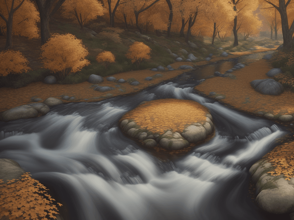 AI generated: photorealistic oil on canvas, 
small hills, flowing river, trees,
beautiful setting, fall,
Foregroun...