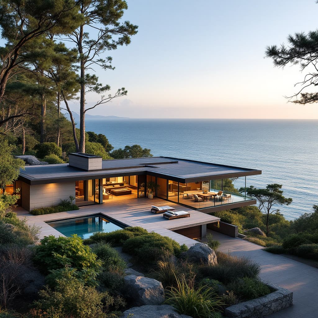 AI generated: Hyper realistic eye level exterior photo of a mid century modern style house overlooking the ocean, ...