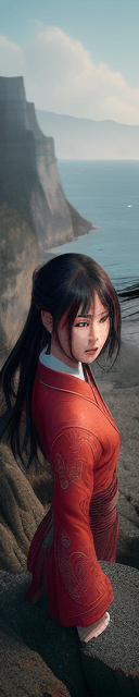 AI generated:  hyper-realistically drawn fantasy japan china man， beautiful female assassin standing on the edge o...
