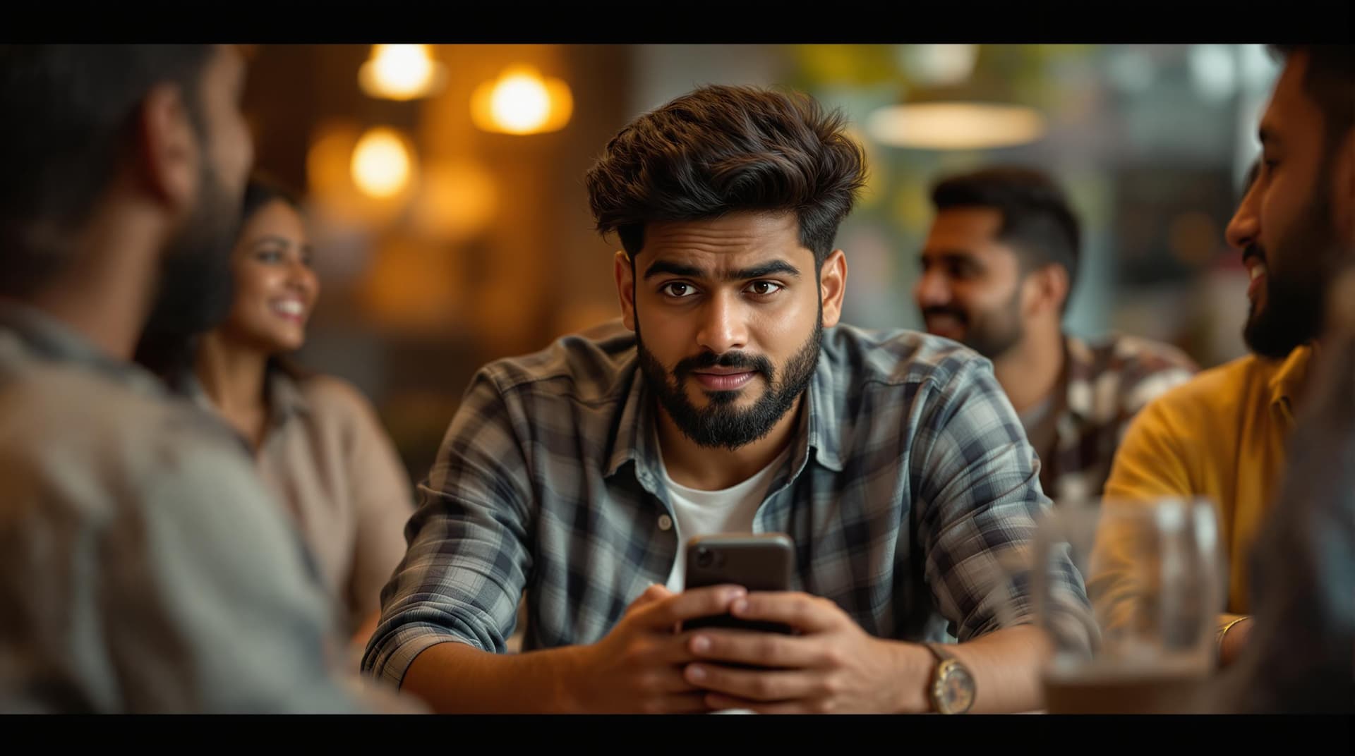 AI generated: (Cinematic UHD, young Indian man sitting with friends in a cozy café, looking slightly hesitant, hol...
