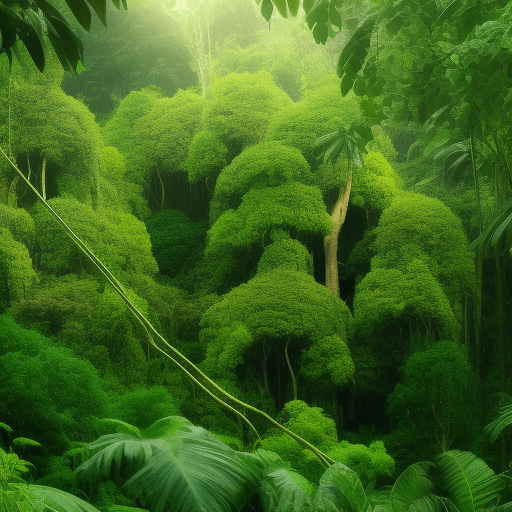 AI generated: the jungle is teeming with thick, green foliage. 
massive trees with sprawling canopies dominate the...