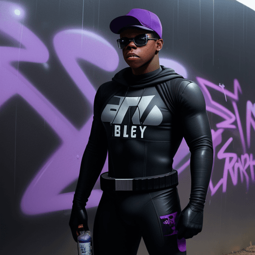 AI generated: JOHN BOYEGA IN A BLACK SPANDEX SUIT, WITH PURPLE GLOVES AND BOOTS ,  BLACK BACKWARDS CAP AND SUNGLAS...