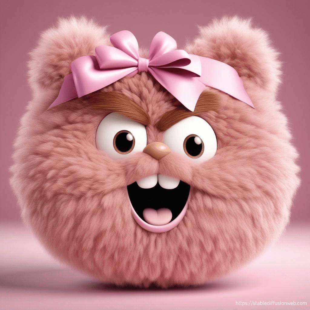 AI generated: very disgust face brown fluffy character wearing a pink bow on white background.