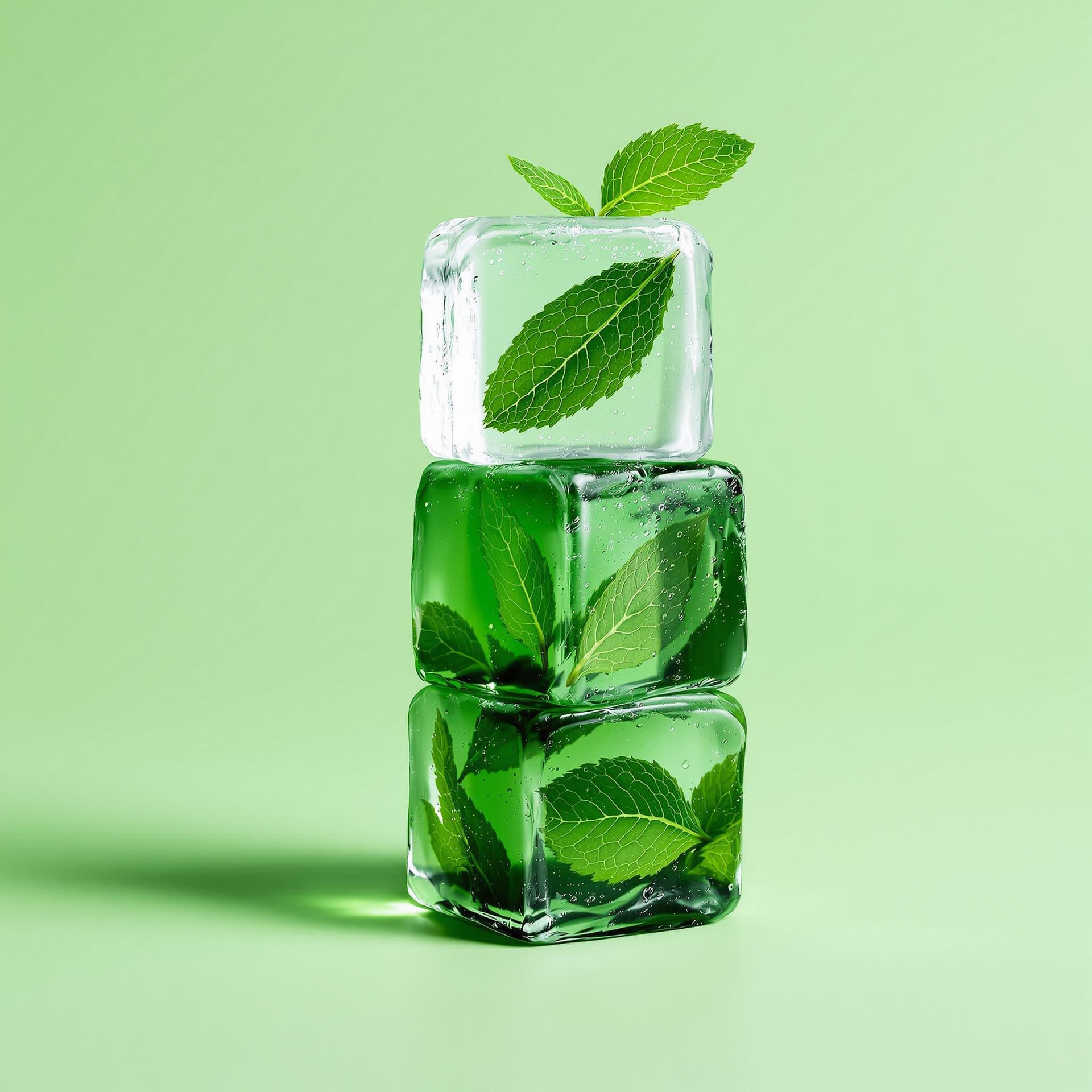 AI generated: The image features a stack of three green ice cubes, each with a mint leaf frozen inside, set agains...