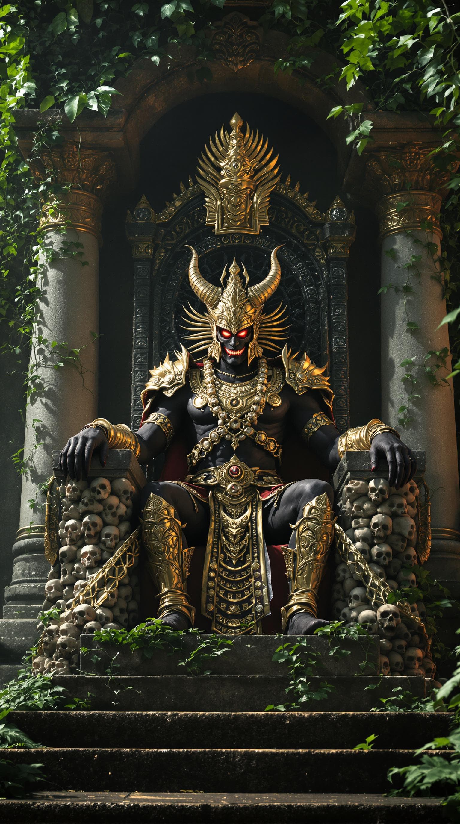 AI generated: Ultra-realistic wide-angle cinematic shot, Indian demon king Hiranyakashipu, dark skin, glowing red ...