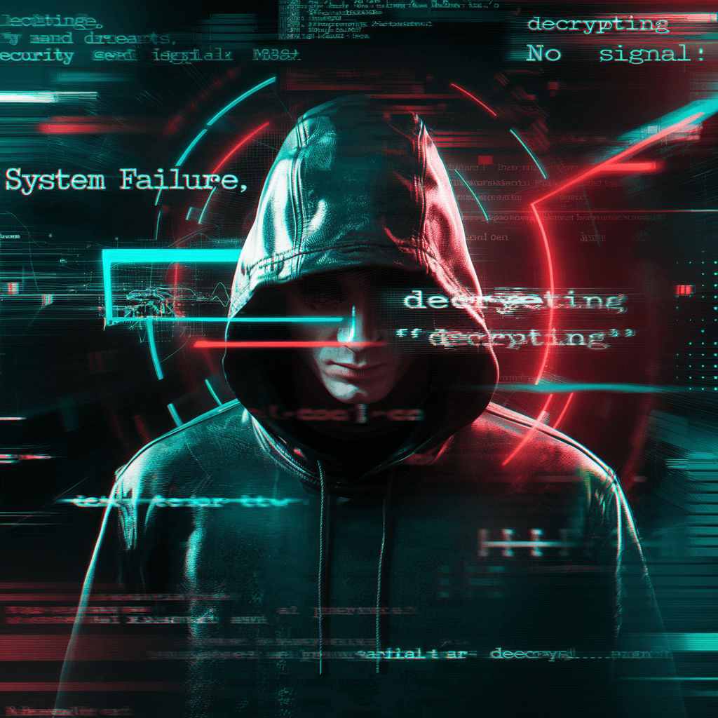 AI generated: "A cyberpunk-style digital artwork featuring a hooded figure surrounded by glitch effects, neon red ...