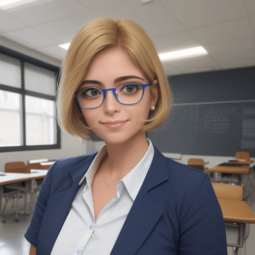 AI generated:  profesora dibujo animado ,mirada al frente , en un salon de clases,cabello corto , rubia ,con lente...