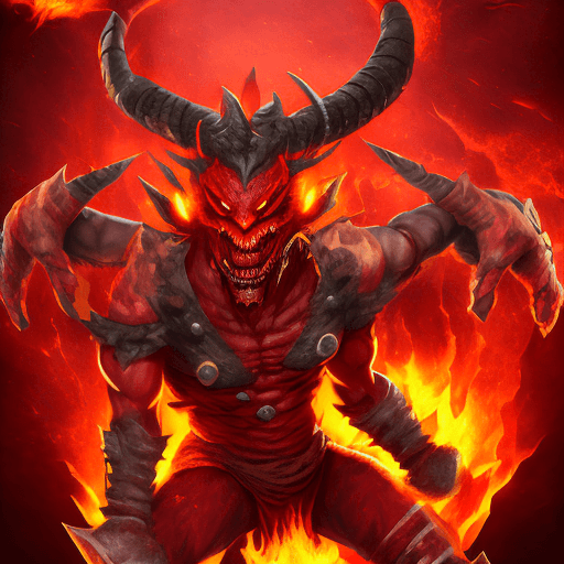 AI generated: fire demon fighting at war, red stone horns, body made of red stones, sharp teeth, tail, fire over t...