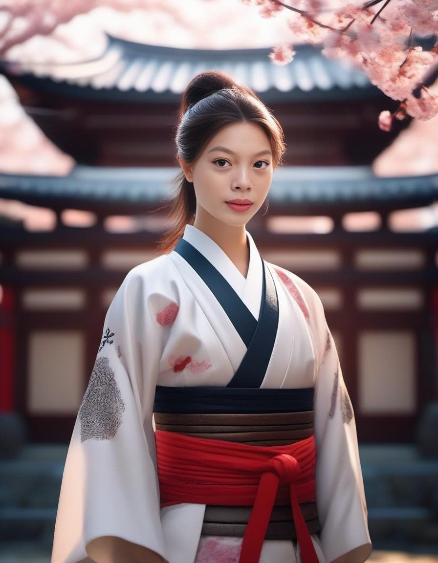AI generated: Young Samurai with long black hair and ponytail, wearing samurai armor, standing in a Japanese templ...