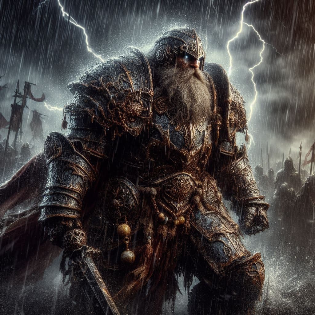 AI generated: Amidst the chaos of a rain-soaked battlefield, Alaric, a battle-hardened dwarven knight, stands reso...