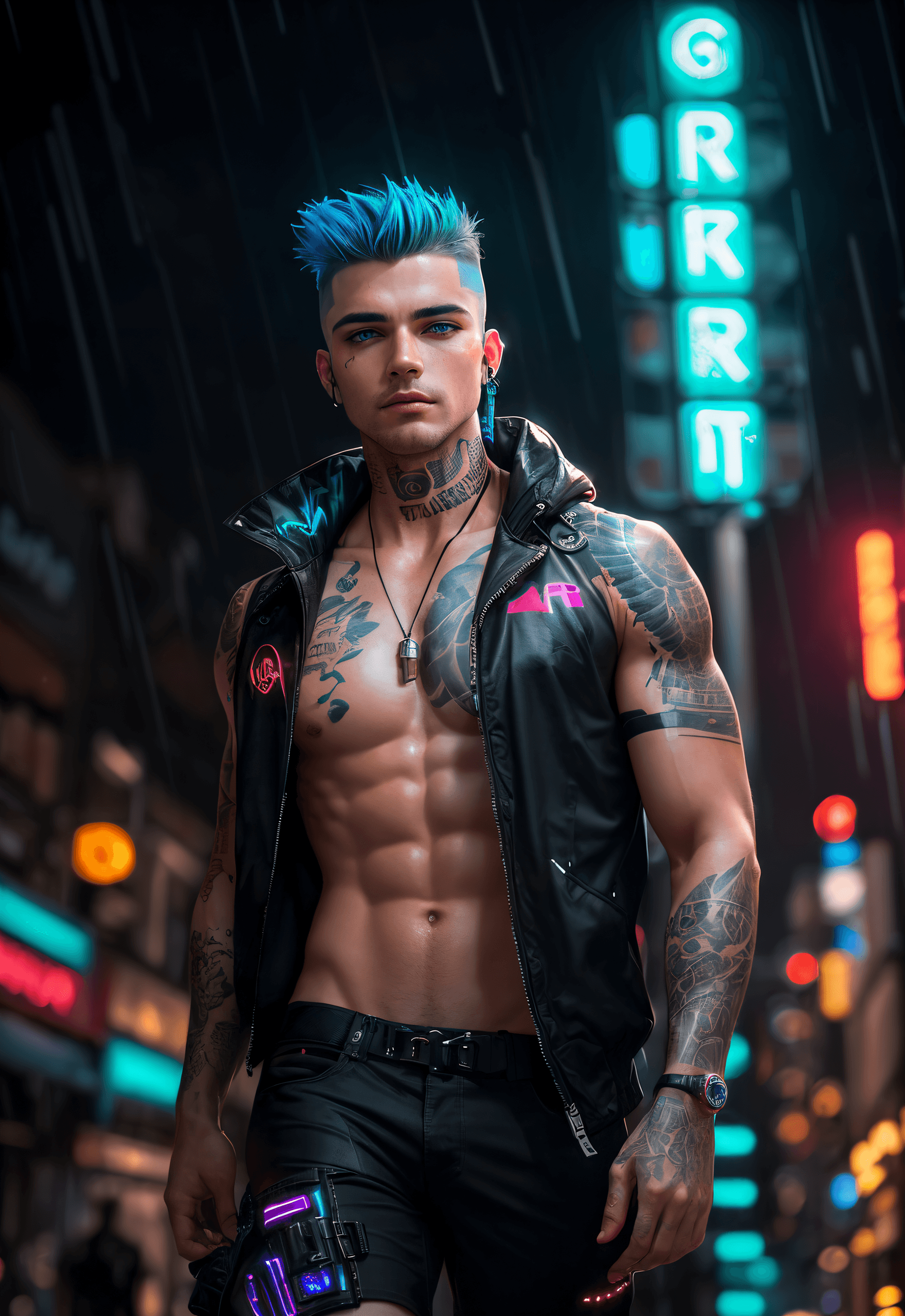 AI generated: beautiful pale cyberpunk male, Rugged, Masculine , (heavy black eyeliner, blue eyes:1.0), shaved sid...