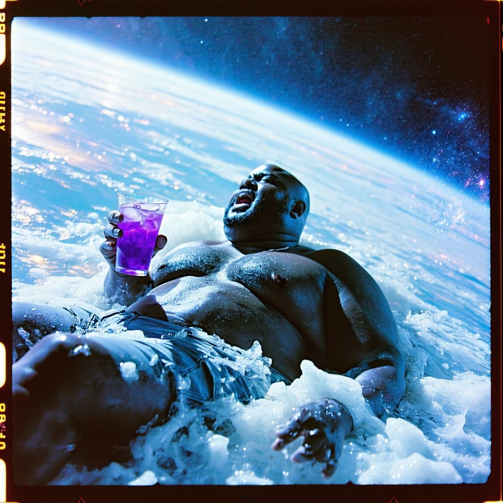 AI generated: grainy 80's photograph quality polaroid of big fat bald neurotic fearful black man floating into a b...