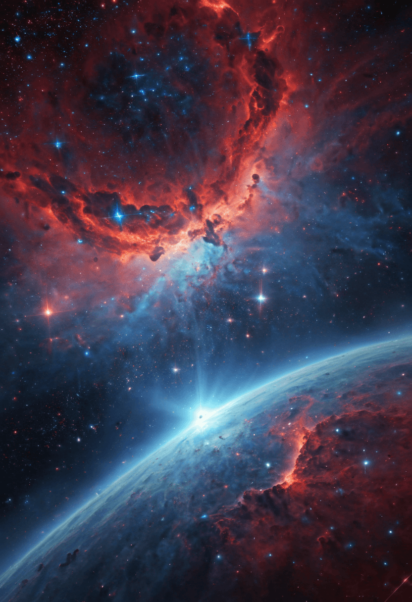 AI generated: A high detail cosmic nebula with vibrant reds and blues, dynamic colors and shifting lights, intrica...