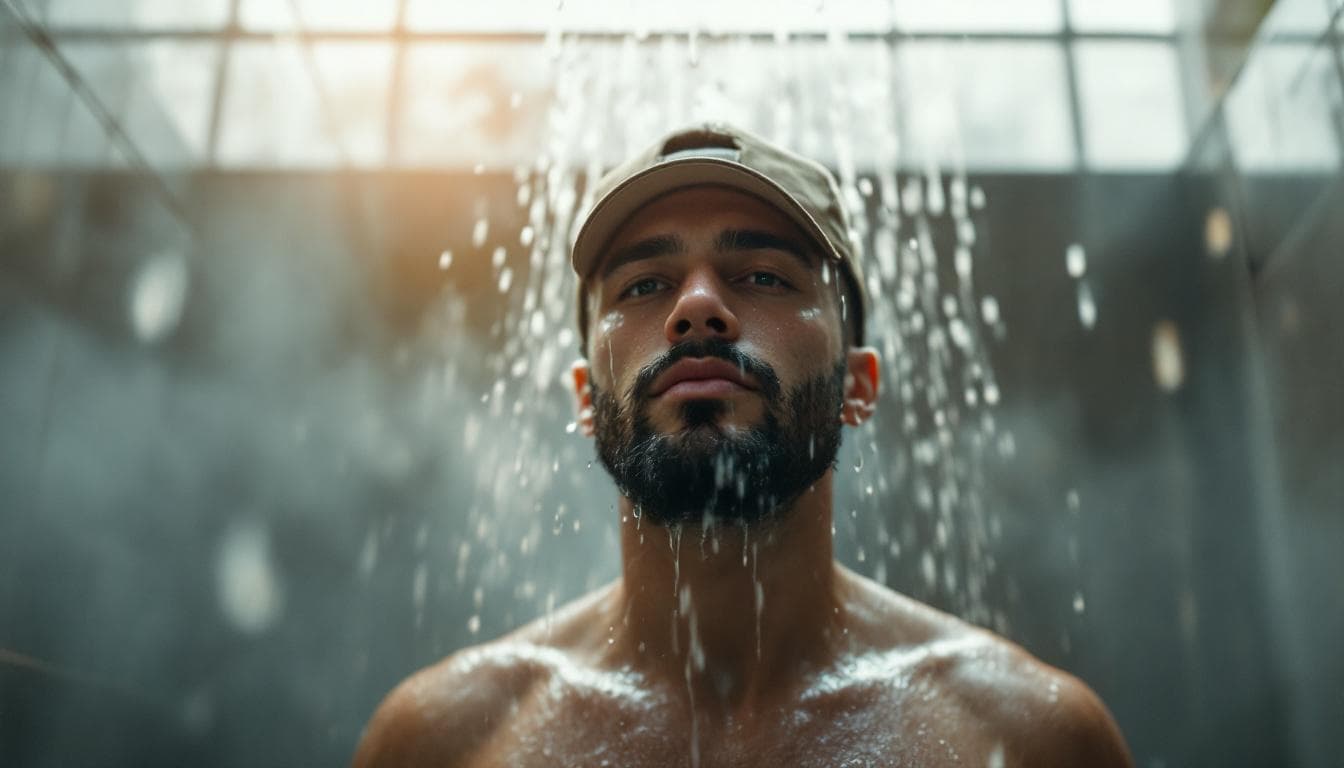 AI generated: wide shot shot inside a modern bathroom filled with steam. A man in his 30s steps into the shower we...