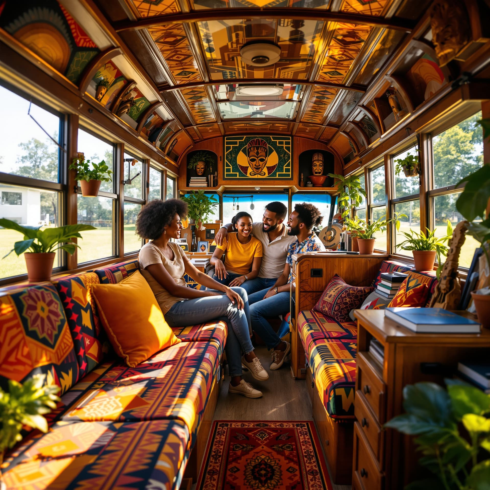 AI generated: A vibrant, highly detailed image of the interior of a renovated school bus transformed into a cozy l...