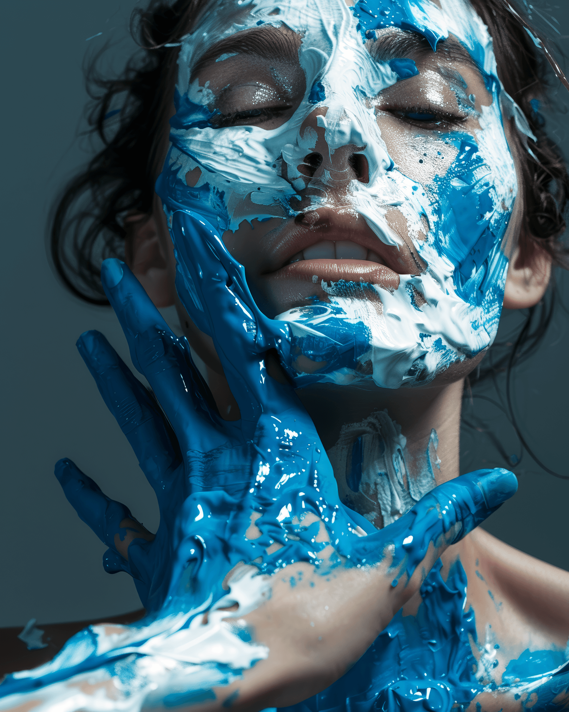 AI generated: A portrait of an attractive woman with white paint on her face and neck, the body is painted in blue...